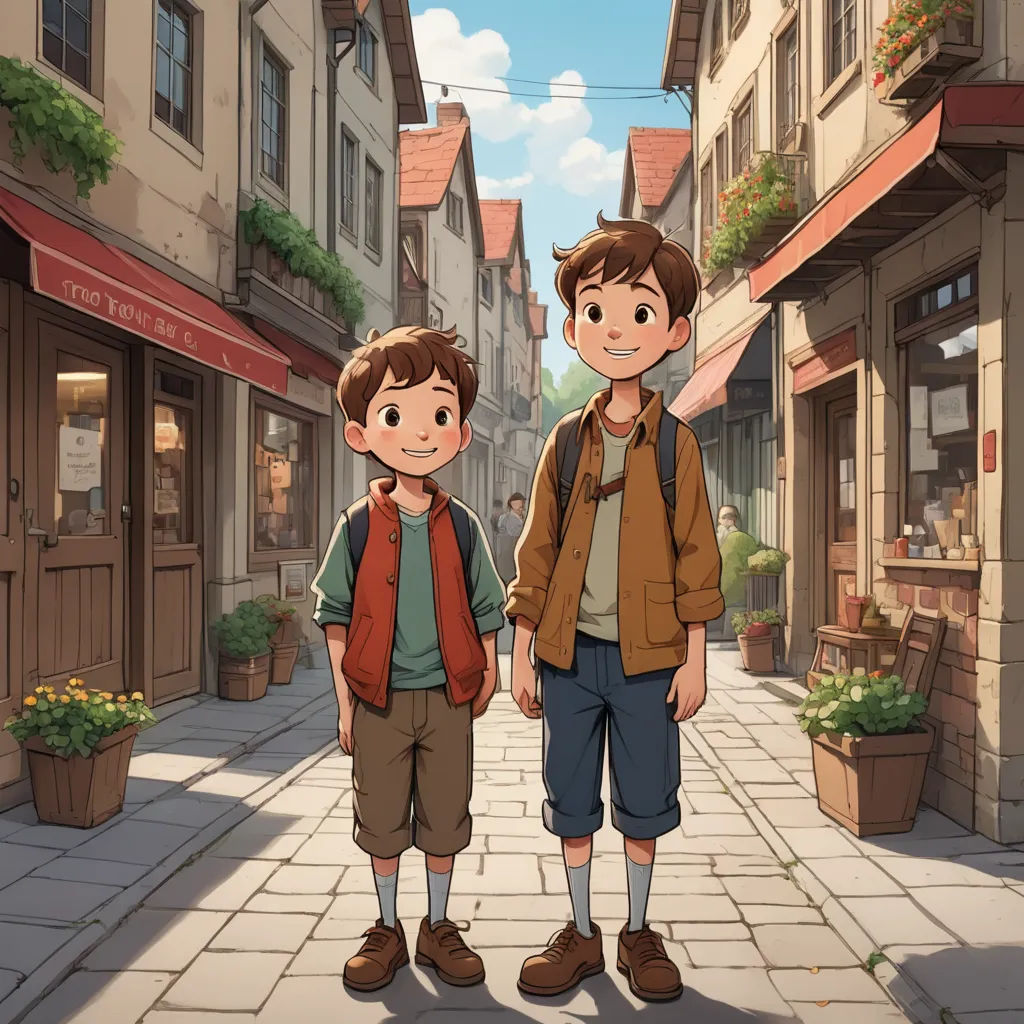 two boys standing on a street in front of a building with a sign that says, the boy is wearing a backpack, paris school, a storybook illustration, Diego Gisbert Llorens, official art