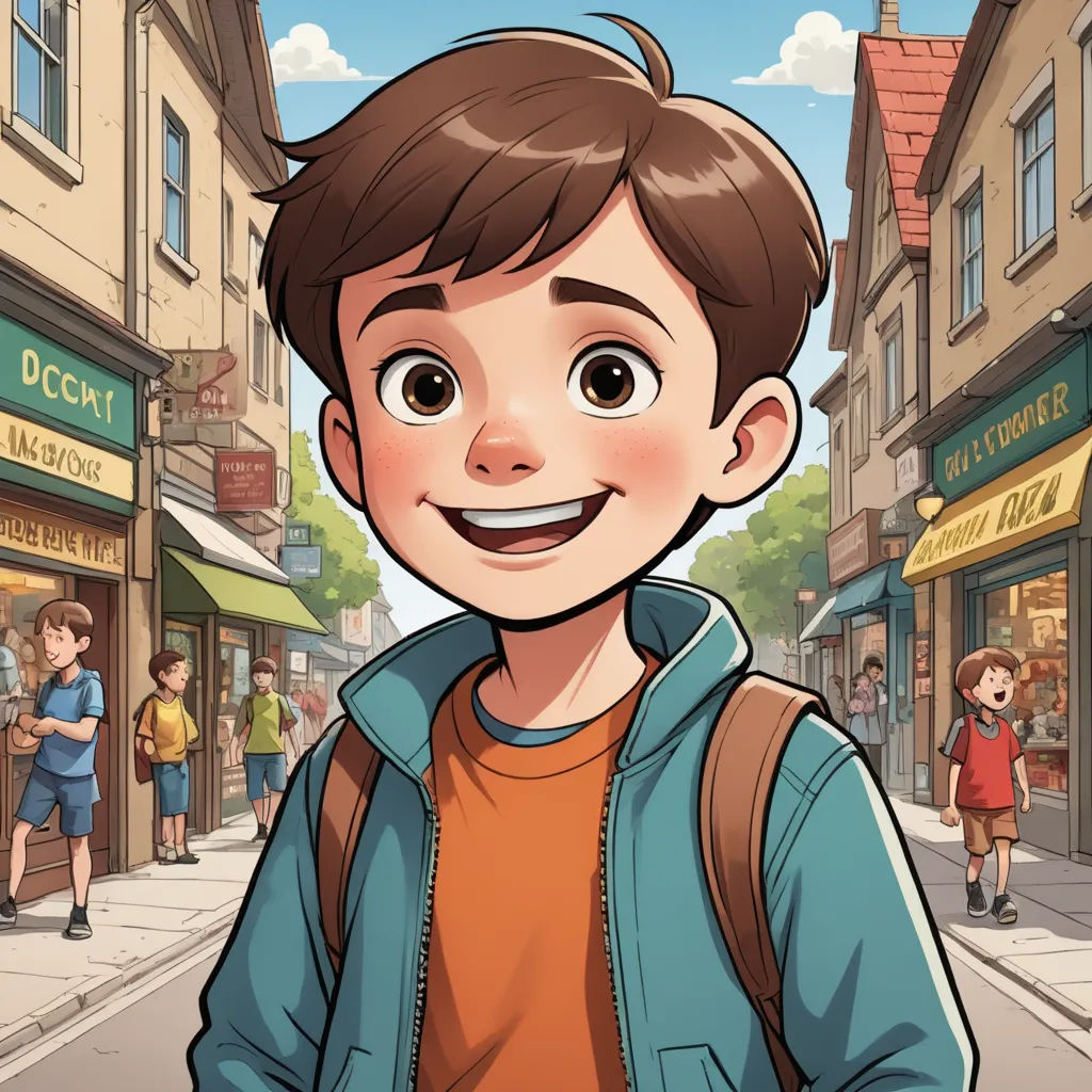 a cartoon boy is standing in front of a store front with a smiling face and a backpack on his back, paris school, a comic book panel, Cliff Childs, comic cover art