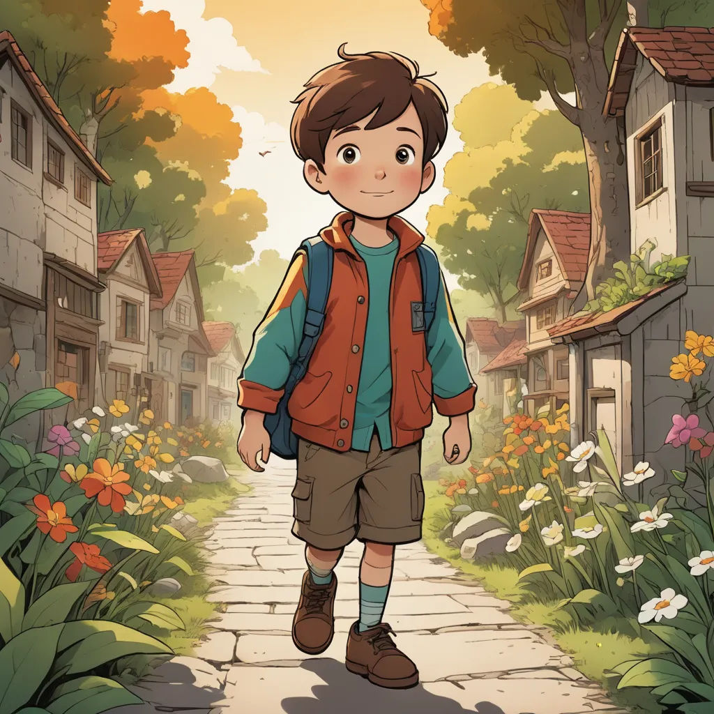 a boy walking down a path in a village with flowers and trees on either side of him and a house in the background, environmental art, a storybook illustration, Cliff Childs, official art