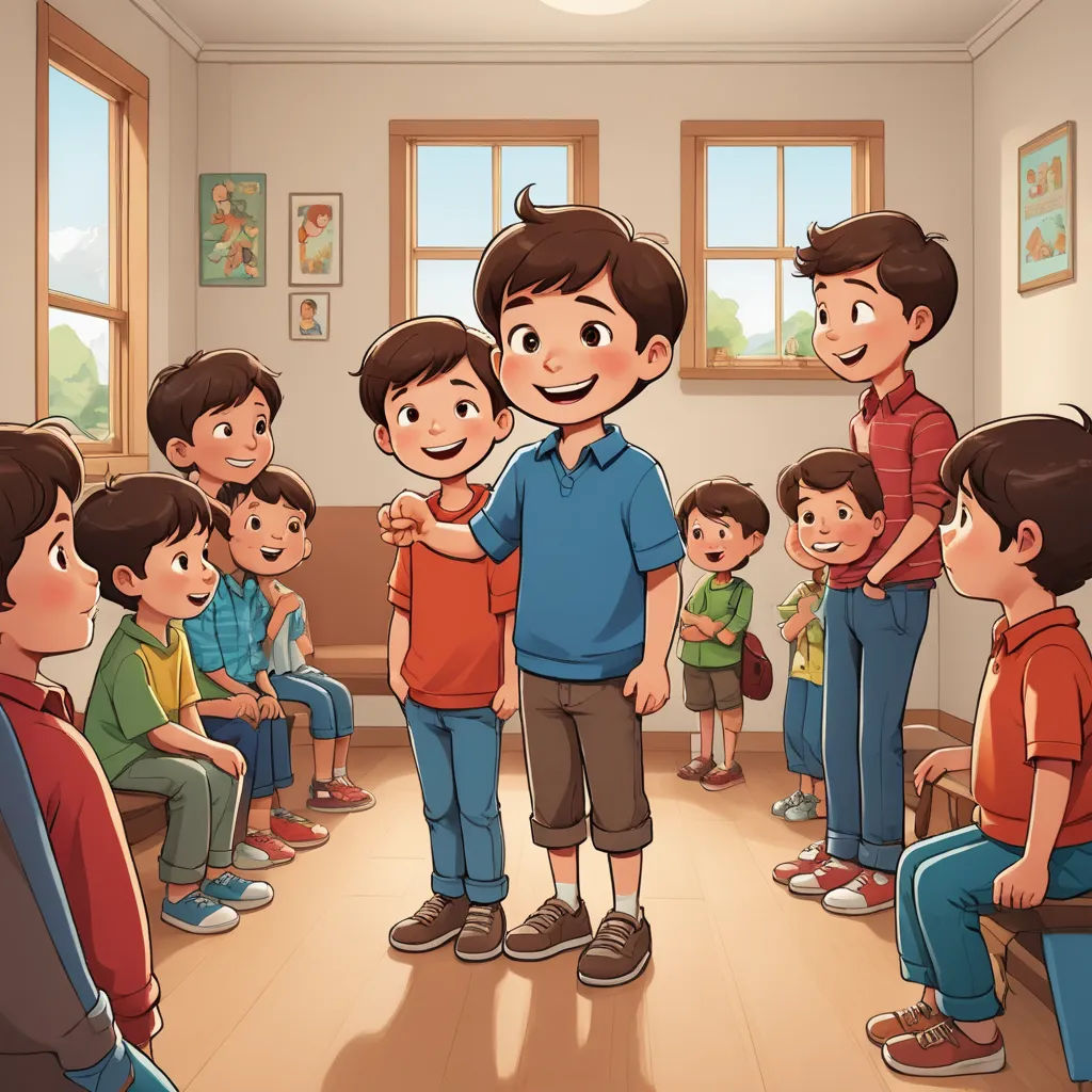 a group of children standing in a room with a man standing in front of them and a man standing behind them, danube school, a storybook illustration, Diego Gisbert Llorens, storybook illustration