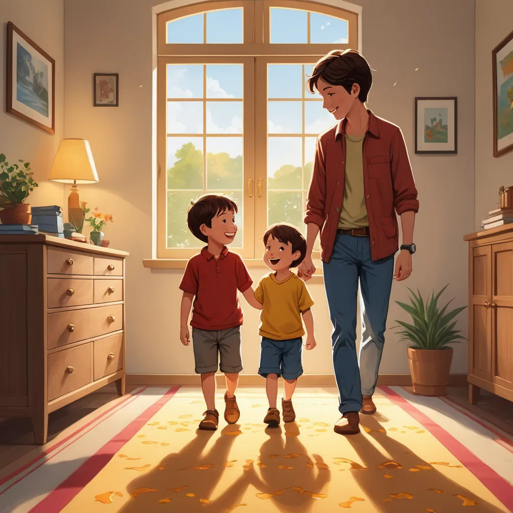 a man and two children walking in a room with a window and a rug on the floor and a dresser, american scene painting, a storybook illustration, Diego Gisbert Llorens, storybook illustration