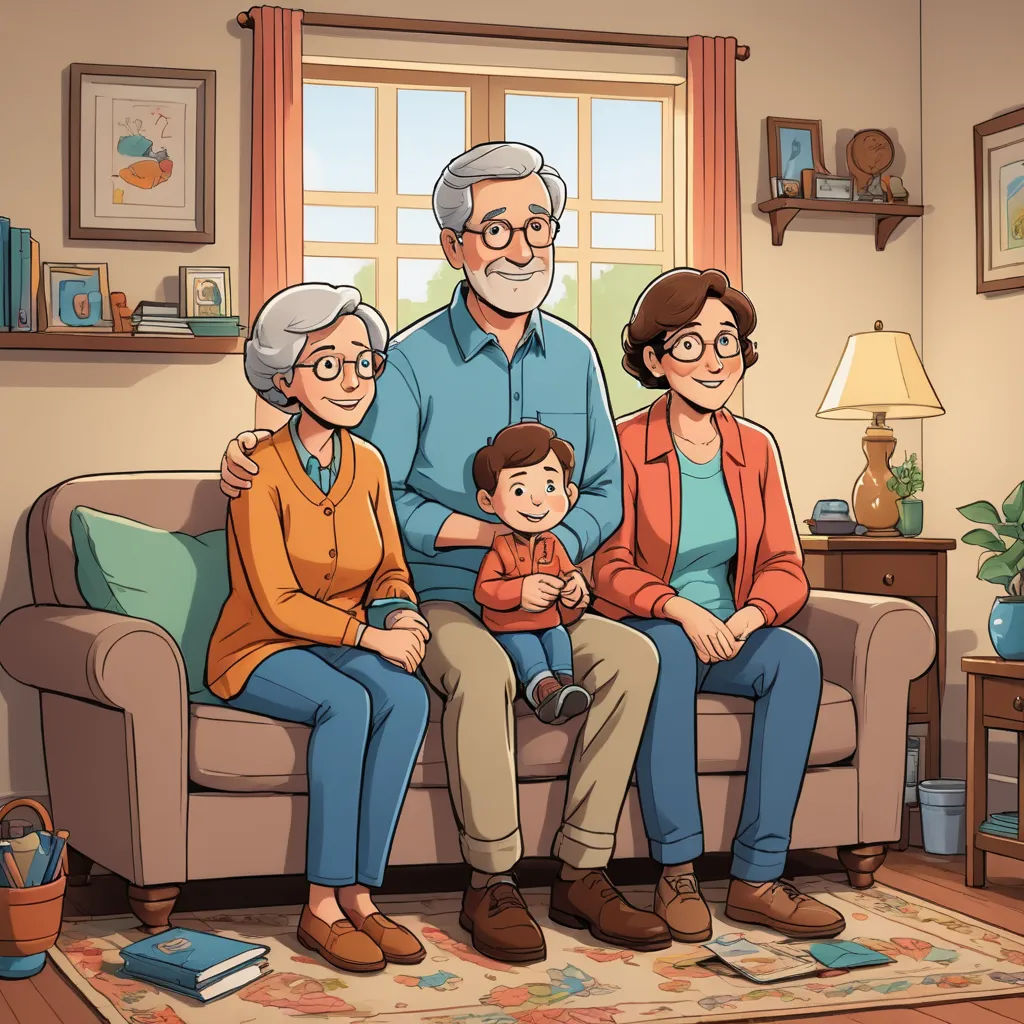 a family sitting on a couch in a living room with a window behind them and a rug on the floor, sots art, a storybook illustration, Edward George Handel Lucas, official art