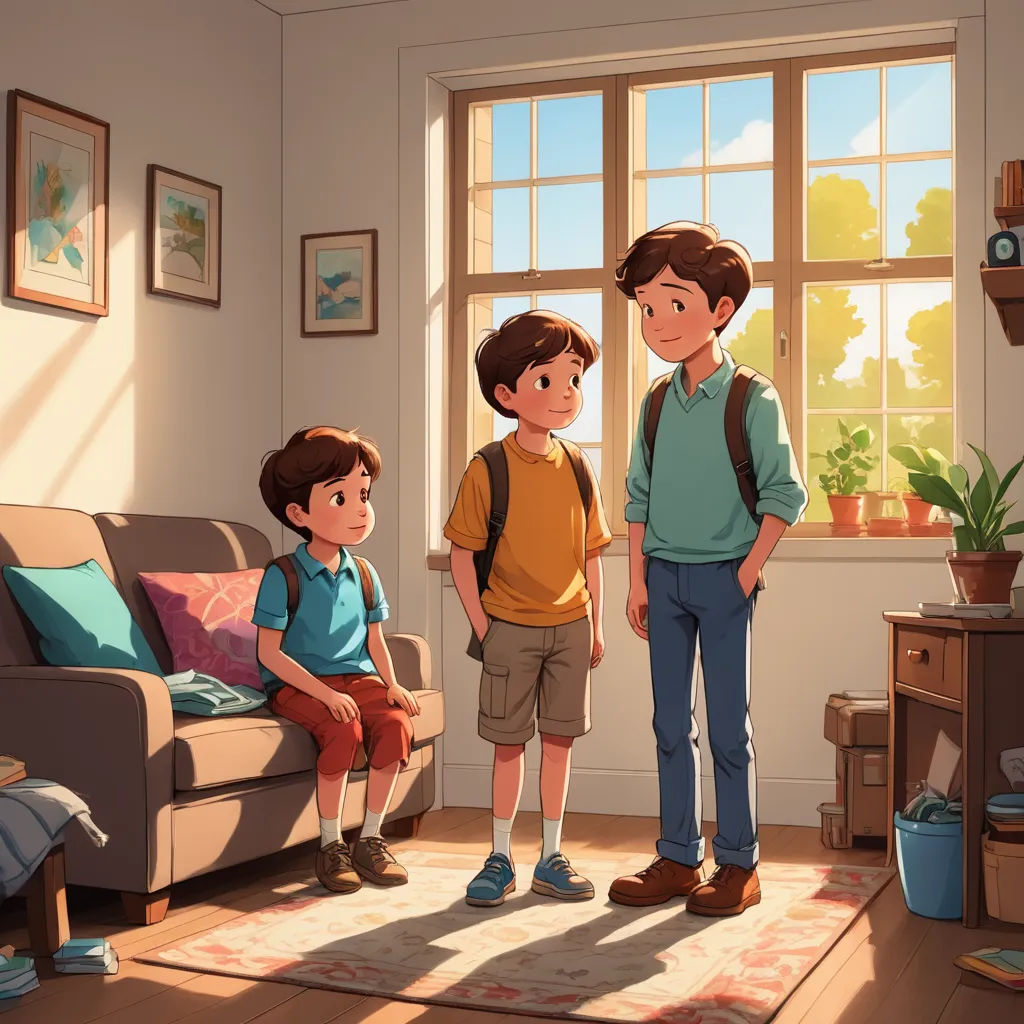 a boy and a girl standing in a living room with a couch and a window behind them, and a boy in a backpack and a boy in a blue shirt and tan shirt, american scene painting, a storybook illustration, Diego Gisbert Llorens, rossdraws global illumination