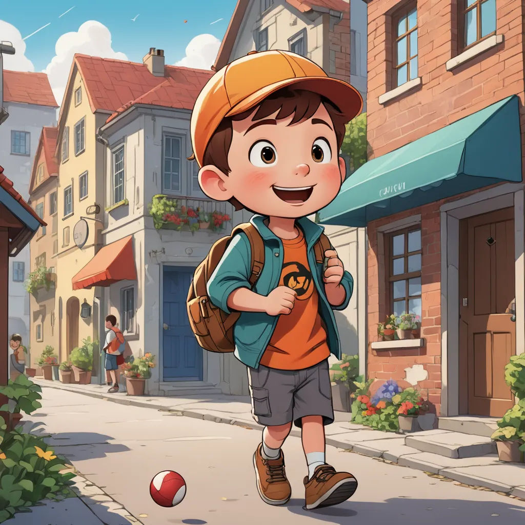 a boy with a backpack and a backpack walking down a street with a ball in the air and a building in the background, paris school, a storybook illustration, Cliff Childs, rossdraws global illumination