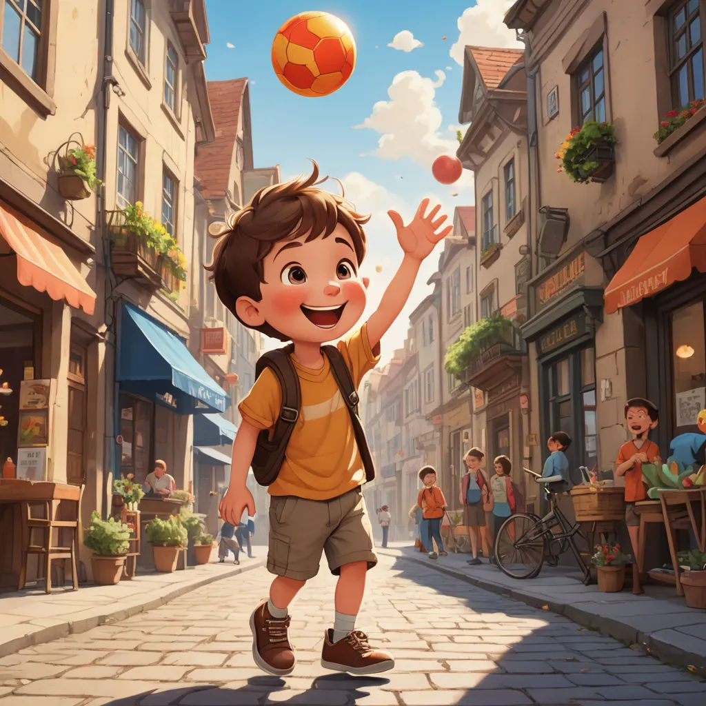 a boy is playing with a ball in a city street with people walking around him and a woman is walking down the street, paris school, a storybook illustration, Chris LaBrooy, rossdraws global illumination