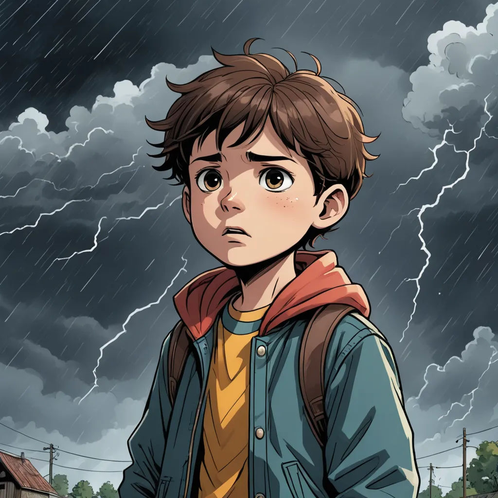 a boy standing in the rain with a backpack on his shoulder and a storm in the background with a building and a tree, shock art, a comic book panel, Asaf Hanuka, yukito kishiro