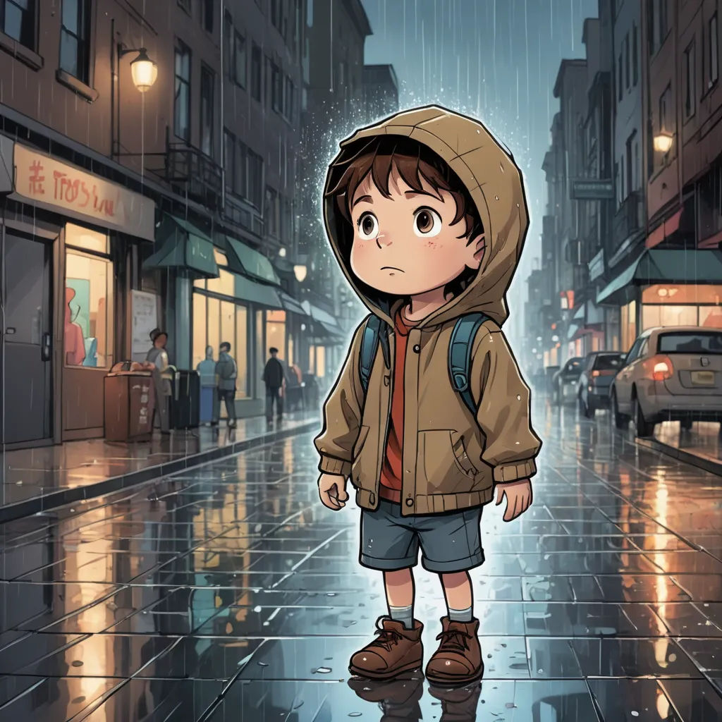 a boy standing in the rain in a city street wearing a hoodie and a backpack on his head, photorealism, a storybook illustration, Diego Gisbert Llorens, rain