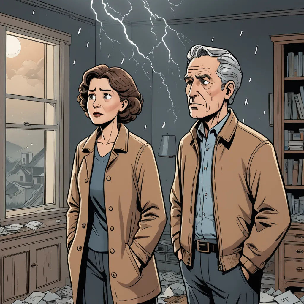 a man and a woman standing in a room with a lightning in the background and a window with a view of a city, international gothic, a comic book panel, Clarice Beckett, graphic novel
