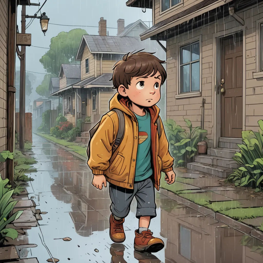 a boy walking down a street in the rain with an umbrella over his head and a backpack on his shoulder, photorealism, a comic book panel, Cliff Childs, comic cover art