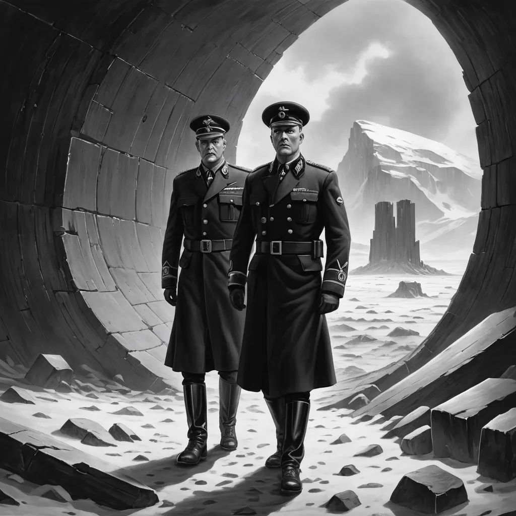 two men in uniforms standing in a tunnel with mountains in the background and snow on the ground in the foreground, fantastic realism, an ultrafine detailed painting, Carel Willink, dystopian art
