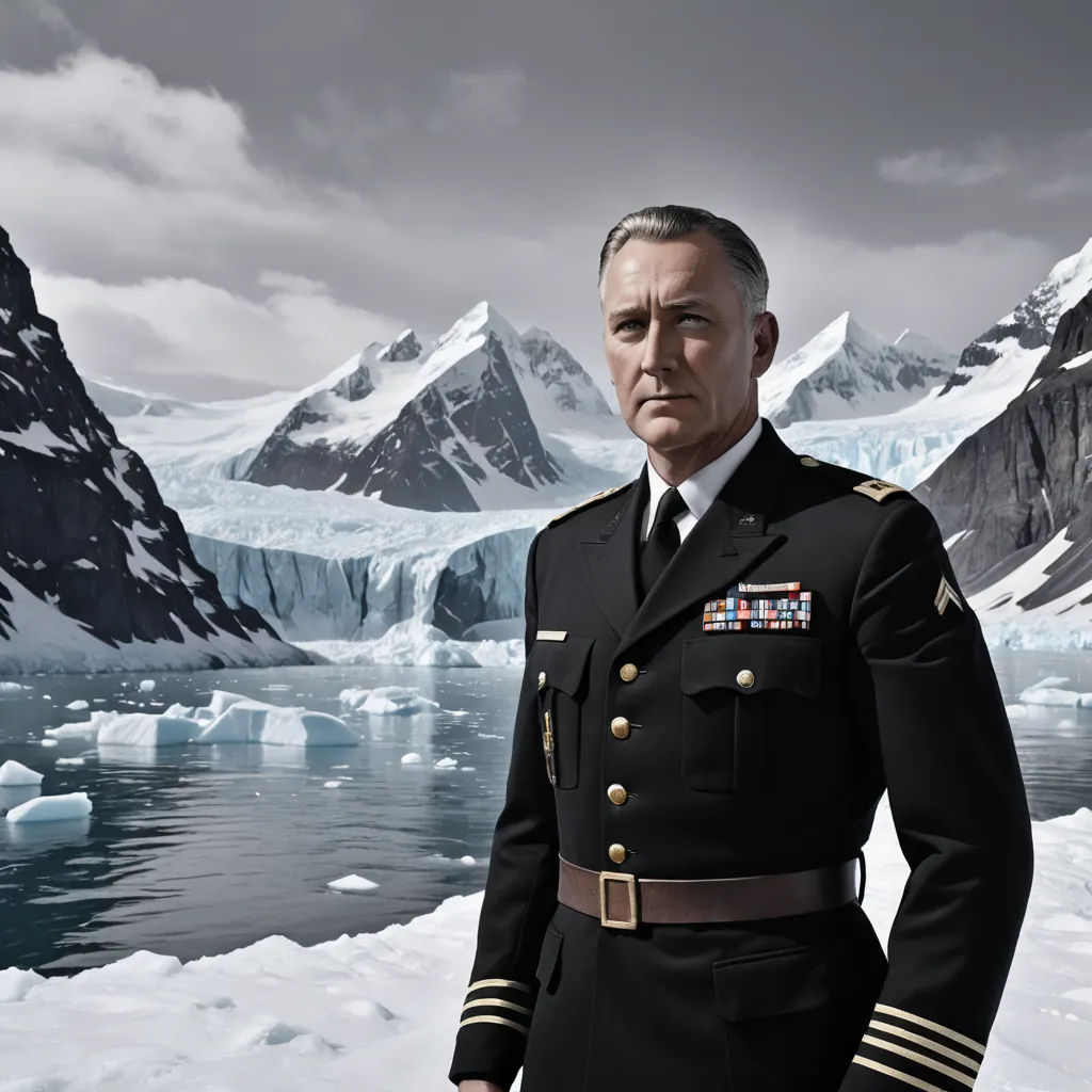 a man in a military uniform standing in front of a mountain range and icebergs in the background, precisionism, a matte painting, Eric de Kolb, promotional image