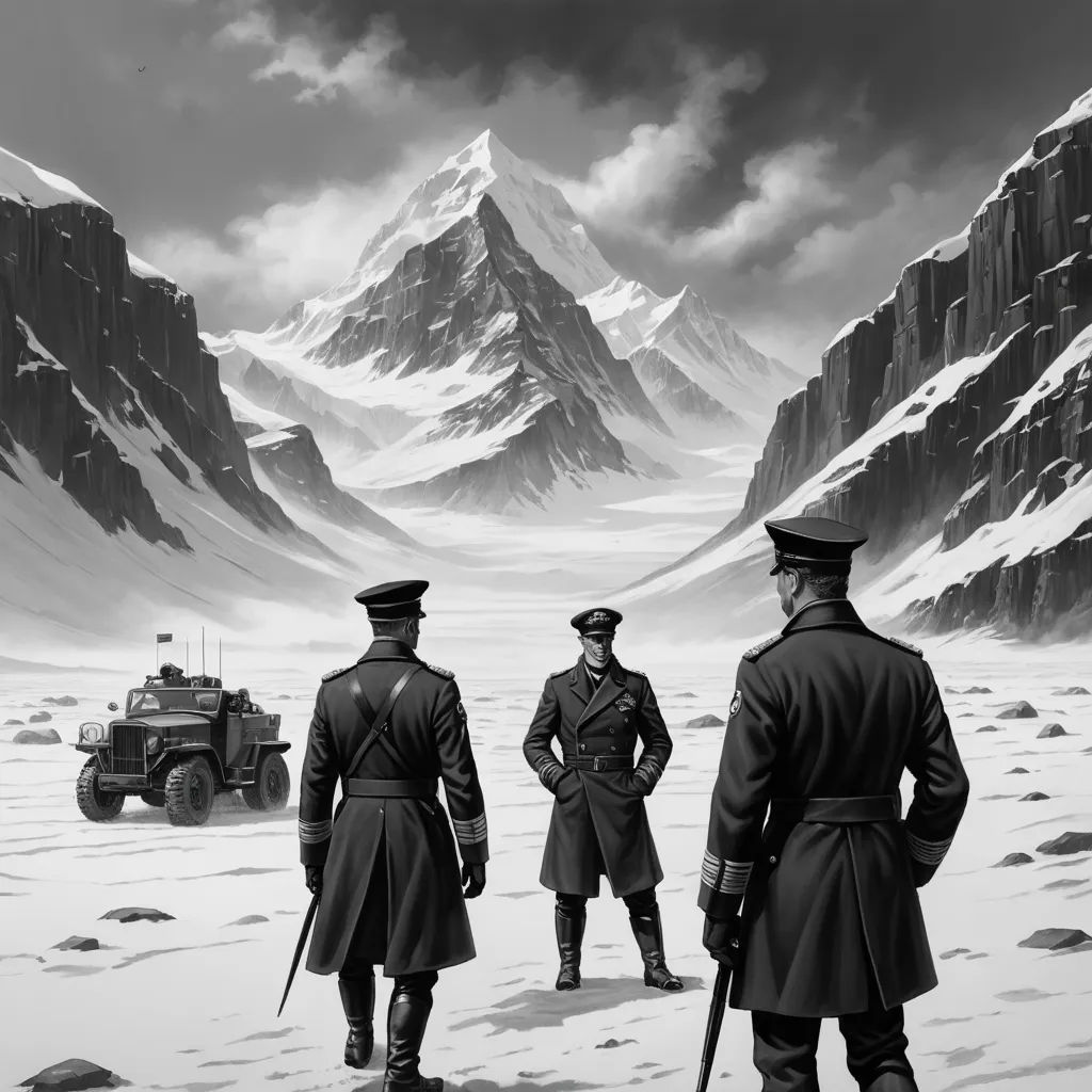 three men in uniforms standing in the snow with a jeep in the background and mountains in the background, with a snow covered mountain range in the distance, sots art, a matte painting, Chesley Bonestell, matte painting