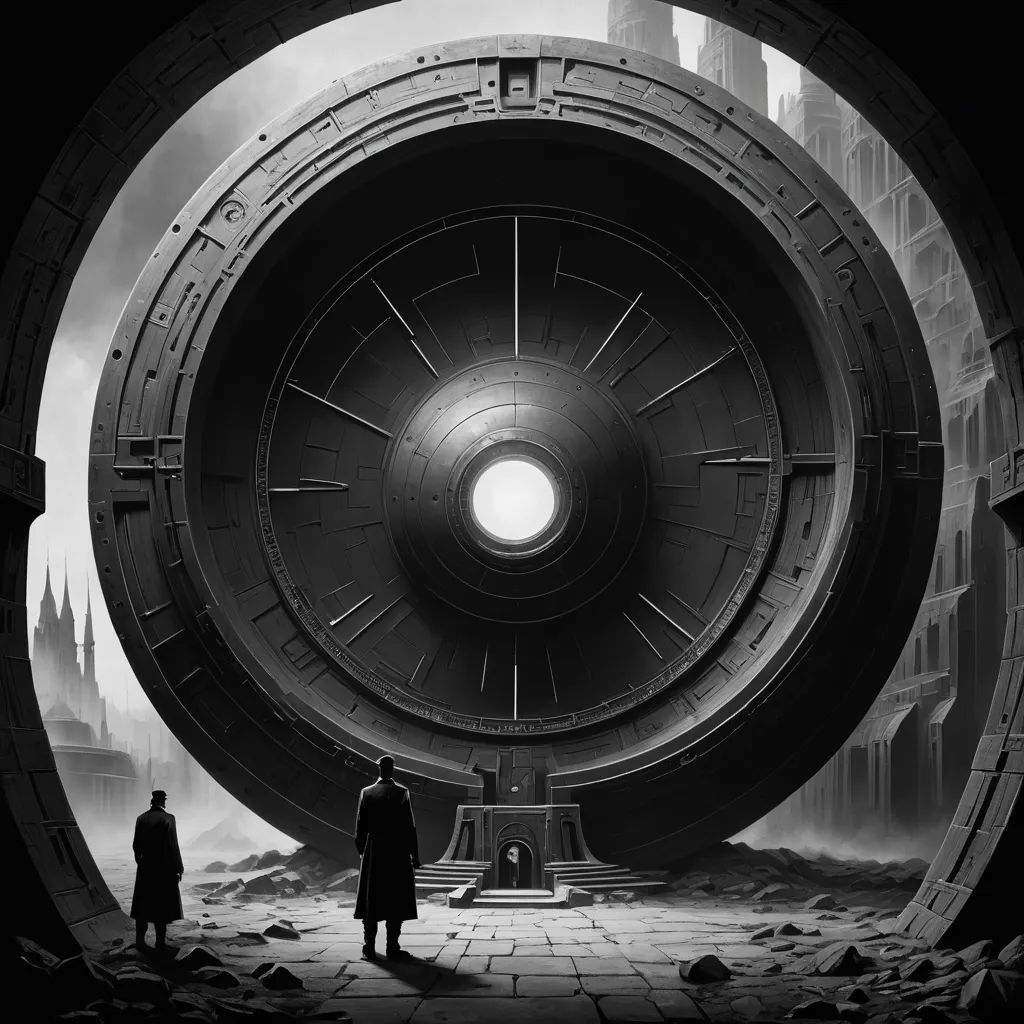 a couple of people standing in front of a giant object in a dark room with a light at the end, retrofuturism, an ultrafine detailed painting, Filip Hodas, dystopian art