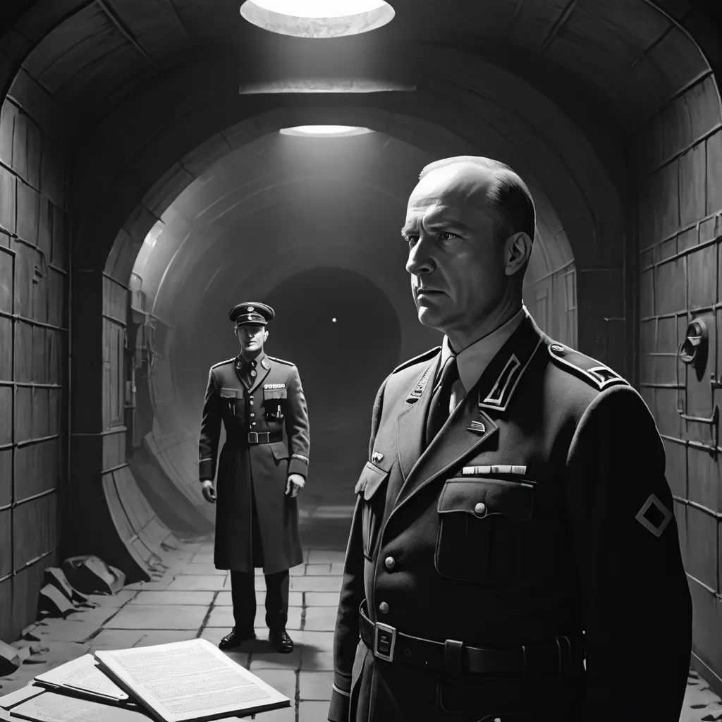 a man in uniform standing next to a man in a uniform in a tunnel with papers on the floor, classical realism, a detailed matte painting, Carel Willink, vfx