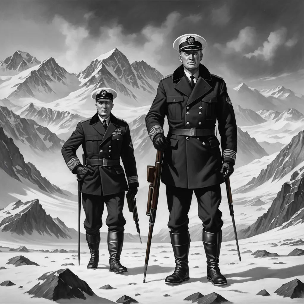 two men in uniforms standing in front of a mountain range with a gun in his hand and a rifle in his other hand, fantastic realism, an ultrafine detailed painting, Carel Willink, matte painting