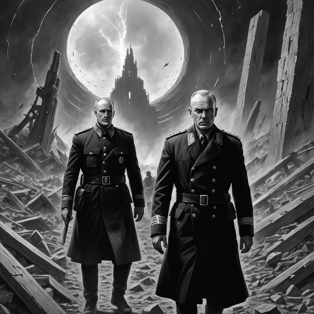 two men in military uniforms standing in front of a giant building with a giant hole in the background that looks like a giant building, sots art, a detailed matte painting, Carel Willink, dieselpunk