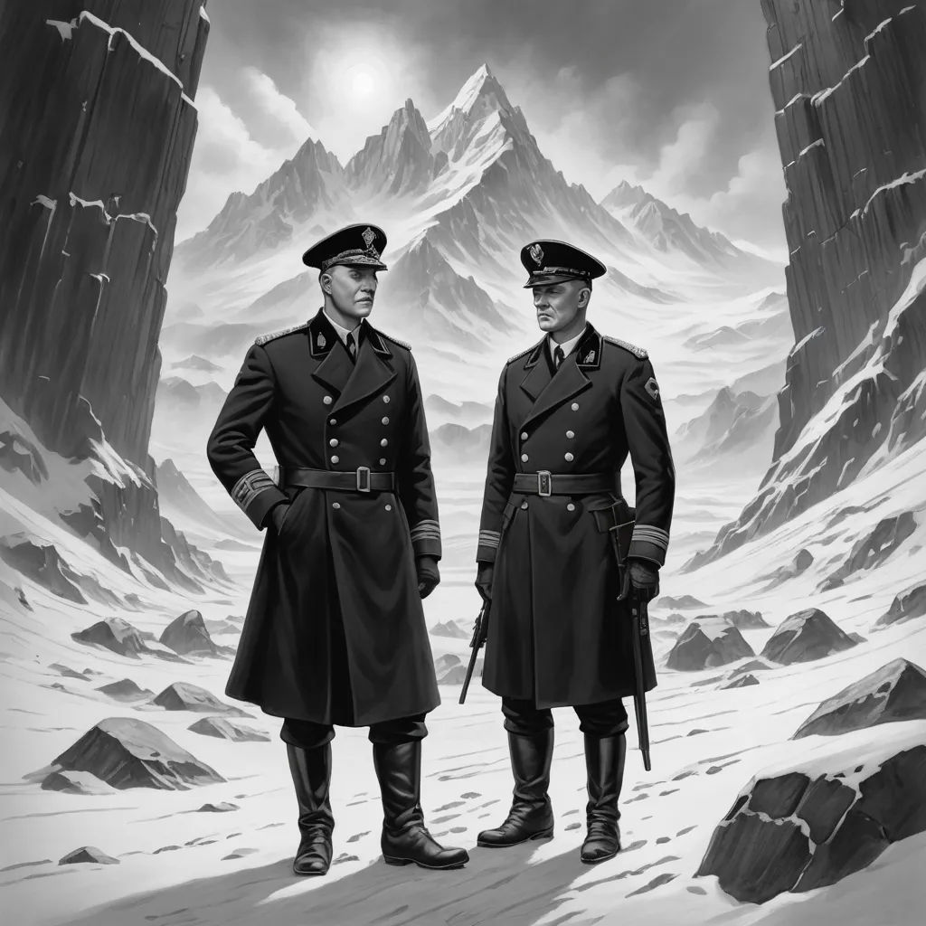 two men in uniforms standing in front of a mountain range with a sky background and a mountain range in the background, fantastic realism, a detailed matte painting, Carel Willink, matte drawing