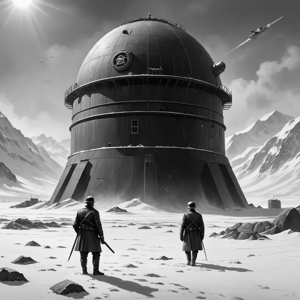 two men standing in front of a large structure in the snow with mountains in the background and a star in the sky, retrofuturism, a detailed matte painting, Filip Hodas, dieselpunk