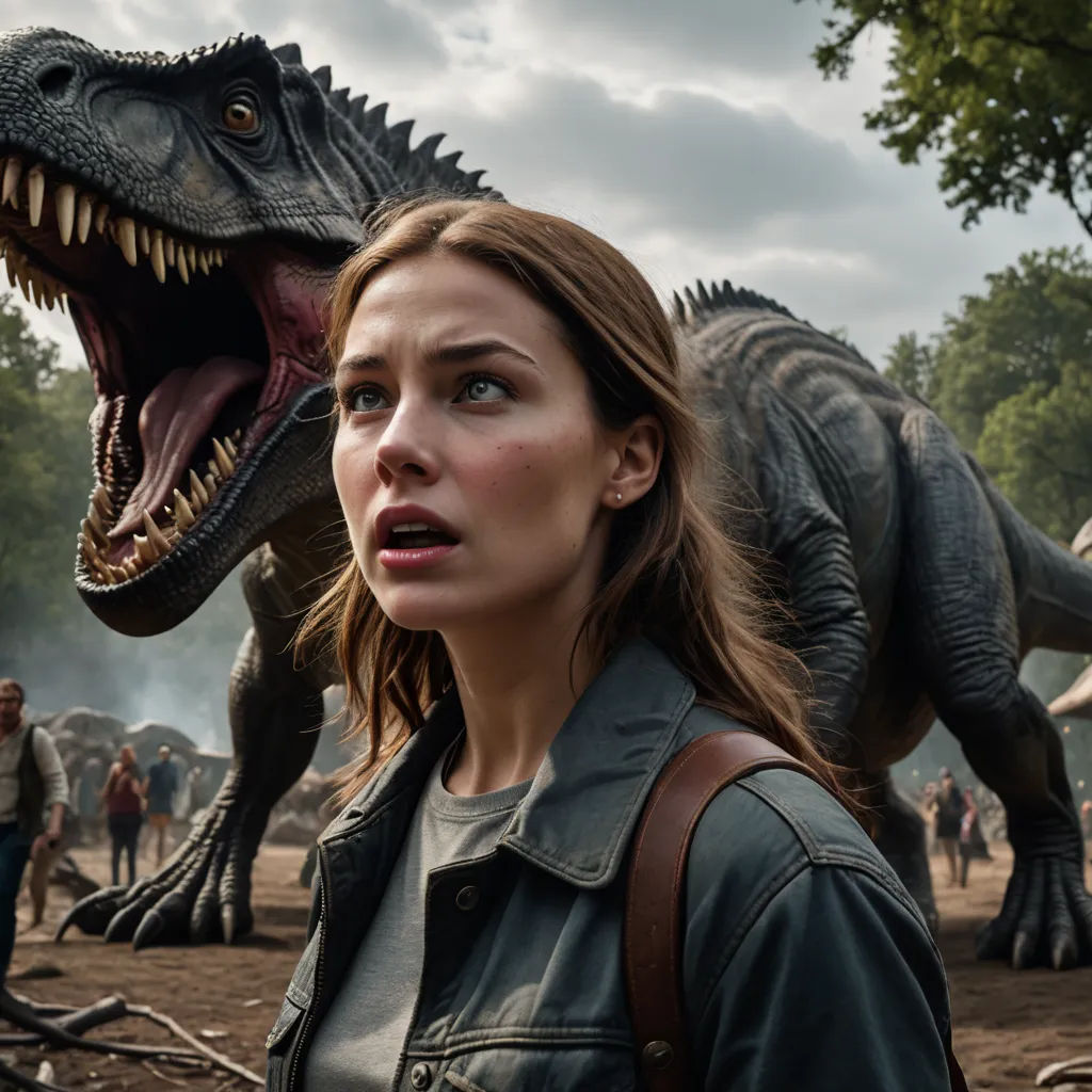 a woman standing next to a dinosaur in a field of people with a large dinosaur in the background and a man in the foreground, neo-primitivism, a poster, Adam Rex, imax 70 mm footage