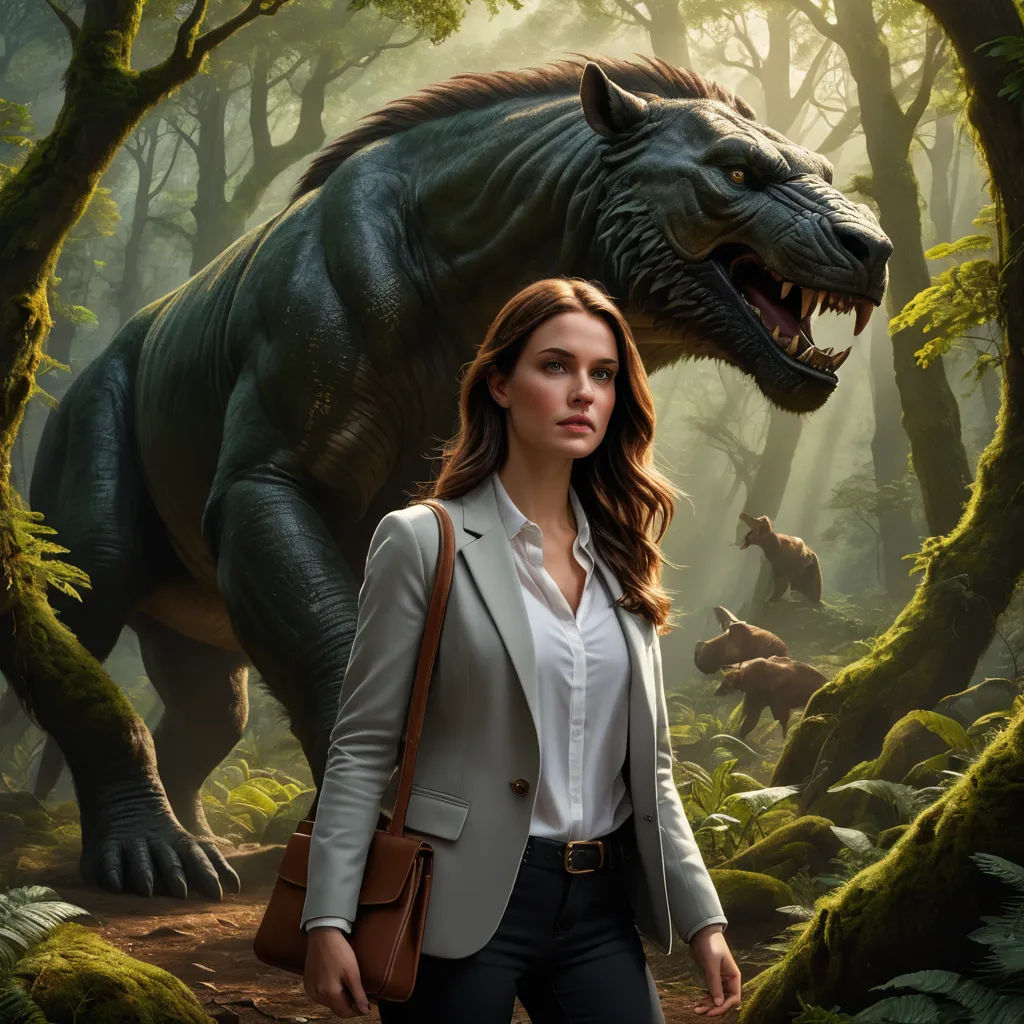 a woman in a suit standing in front of a dinosaur in a forest with other dinosaurs in the background, altermodern, a painting, Clint Cearley, magic the gathering artwork