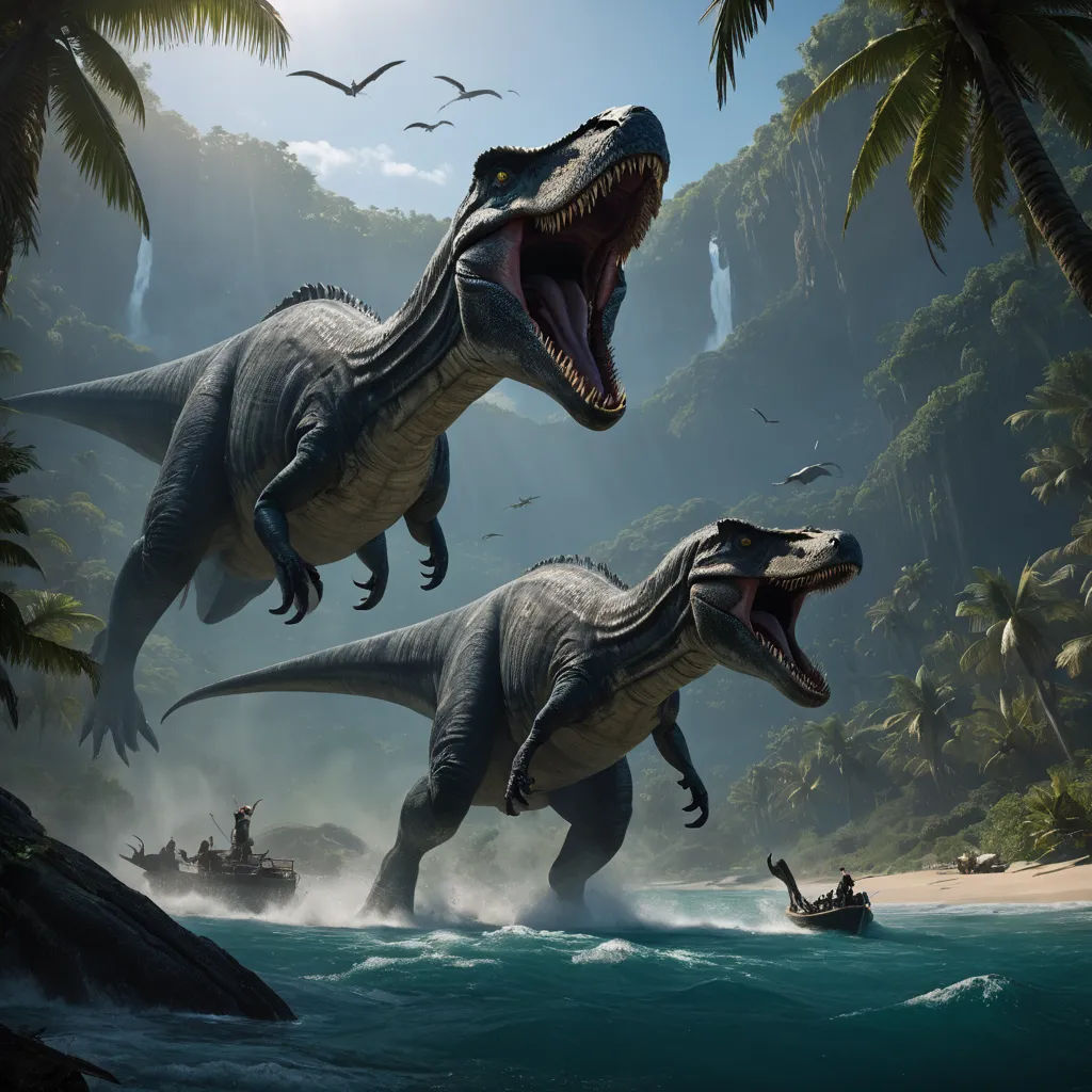 two dinosaurs are in the water with a boat in the background and a boat in the foreground with people in a boat, primitivism, concept art, Adam Rex, rossdraws global illumination