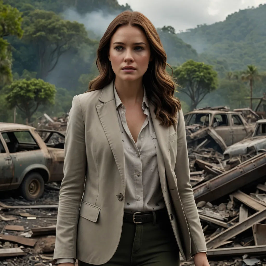 a woman standing in a destroyed area with a car in the background and a mountain in the background with trees, tachisme, a detailed matte painting, Derek Hill, promotional image