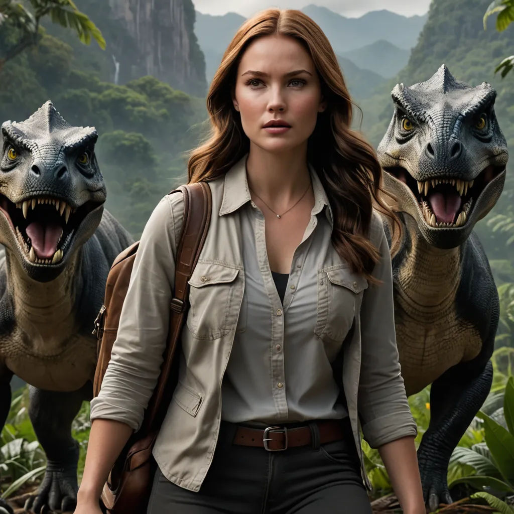 a woman standing in front of two dinosaurs in a jungle with mountains in the background and trees in the foreground, rayonism, poster art, Adam Rex, promotional image