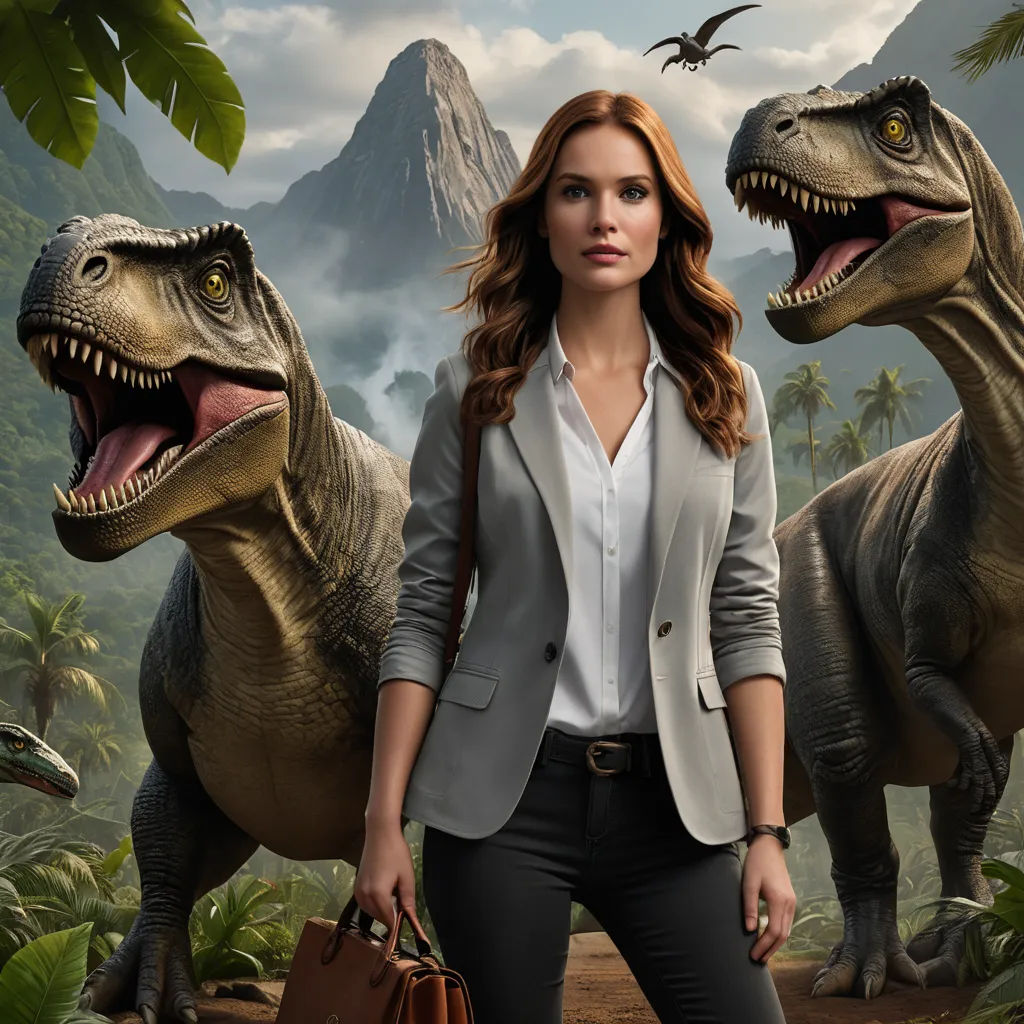 a woman in a suit and a dinosaur in the background with a briefcase in her hand and a man in a suit and tie, arbeitsrat für kunst, computer graphics, Adam Rex, promotional image