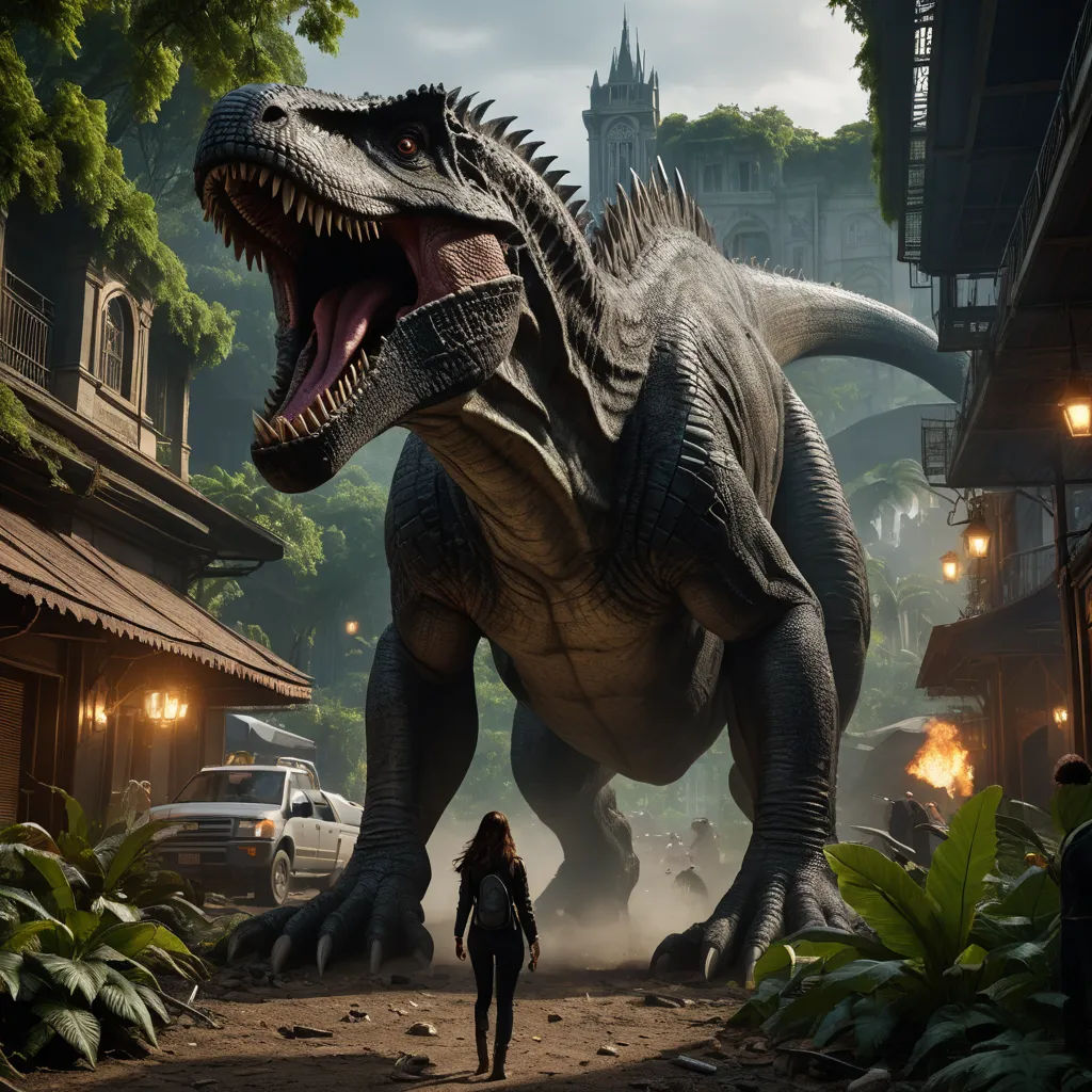 a woman walking past a large dinosaur in a city street at night with a person walking by it and a car in the background, photorealism, concept art, Chris LaBrooy, unreal engine highly rendered