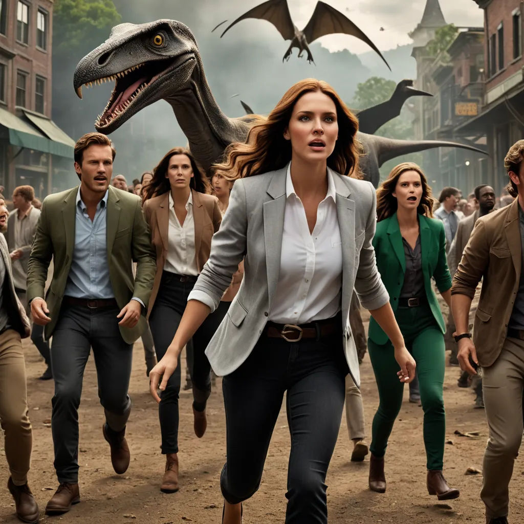 a group of people walking down a street next to a dinosaur statue and a building with a large t - rex, altermodern, a poster, Avgust Černigoj, promotional image