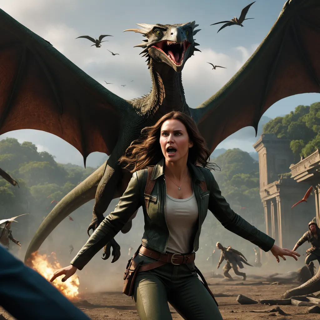 a woman in a leather jacket is surrounded by a dragon and other people in a field with a building, fantasy art, a renaissance painting, Chris LaBrooy, weta digital