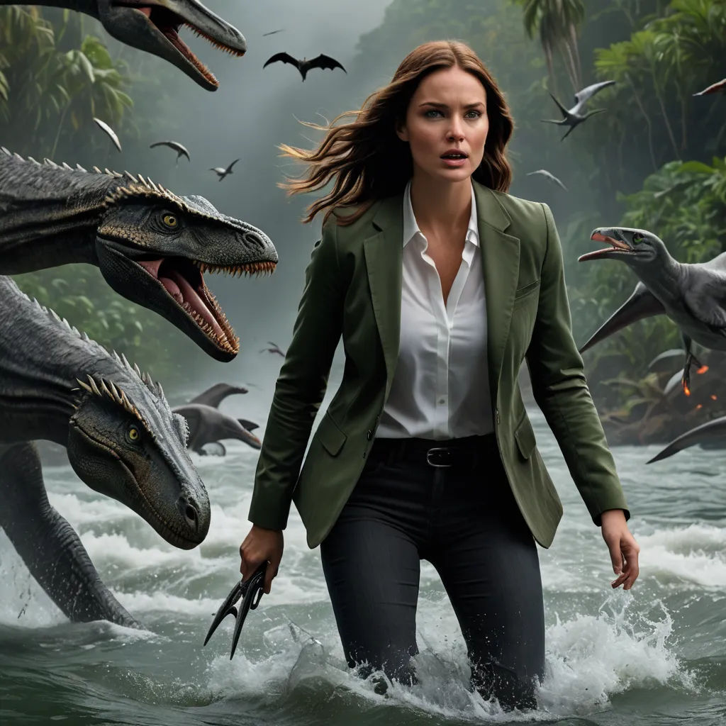 a woman in a suit walking through a river with dinosaurs in the background and a man in a suit standing in the water, serial art, poster art, Adam Rex, promotional image