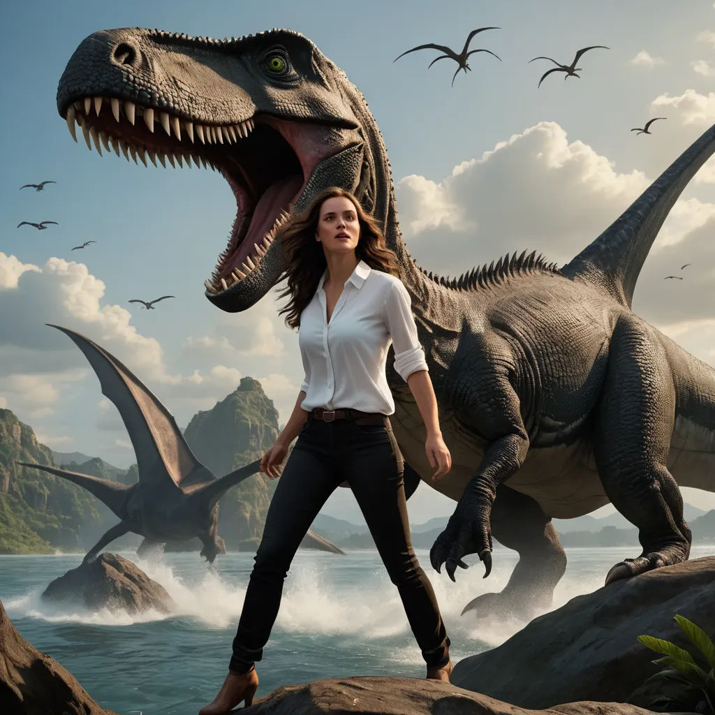 a woman standing next to a dinosaur on a rock near a body of water with birds flying around her, photorealism, a detailed matte painting, Adam Rex, promotional image