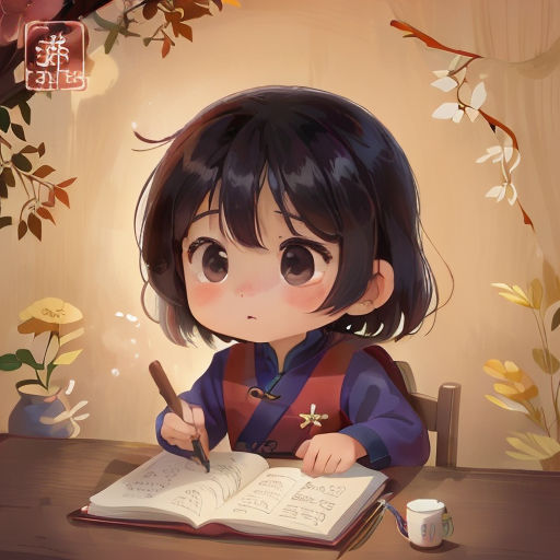 a little girl sitting at a table with a book and pen in her hand and a cup of coffee