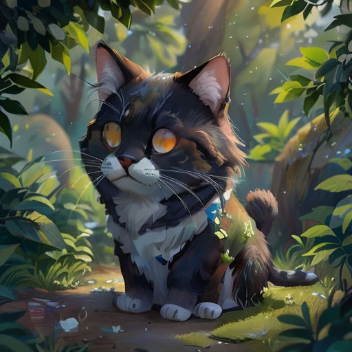 a cat sitting in the middle of a forest with leaves on it's ground and a light shining on its eyes