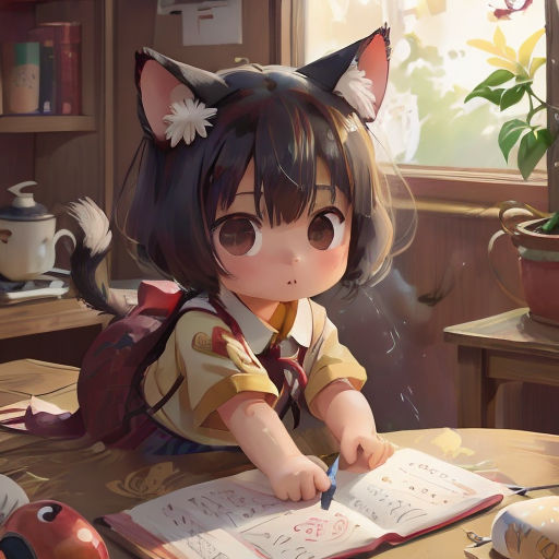 a girl writing on a book with a cat ears on her head and a cat tail on her head