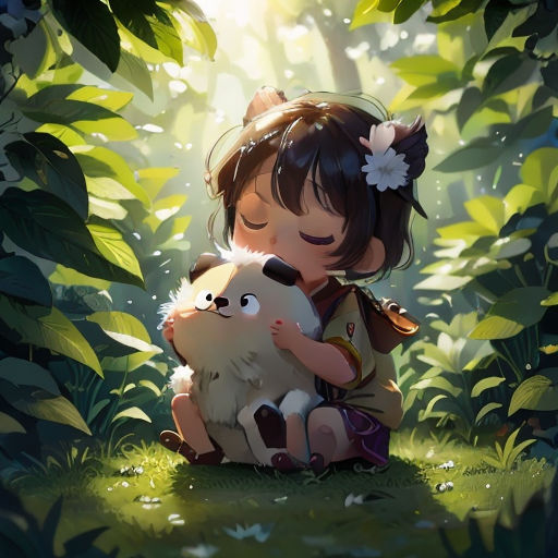 a little girl holding a stuffed animal in a forest with sunlight shining through the trees behind her and a flower in her hair