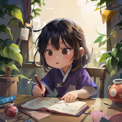a girl sitting at a table with a book and pen in her hand and a potted plant behind her