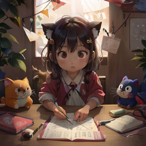 a girl sitting at a desk with a book and a cat on the table next to her and a cat stuffed animal