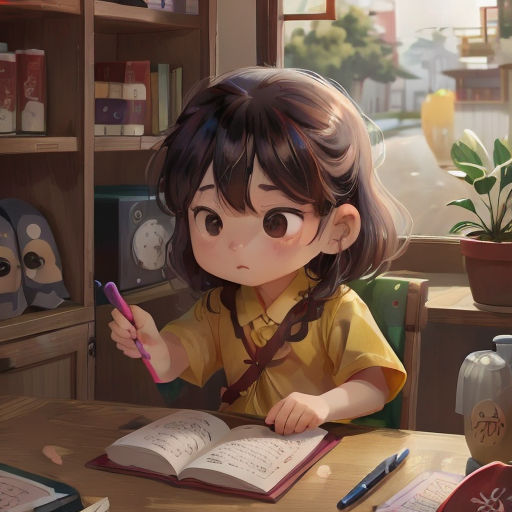 a little girl sitting at a table with a book and pen in her hand and a book in front of her