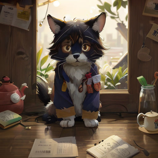 a cat sitting on a table next to a window with a teapot and a cup on it and a book