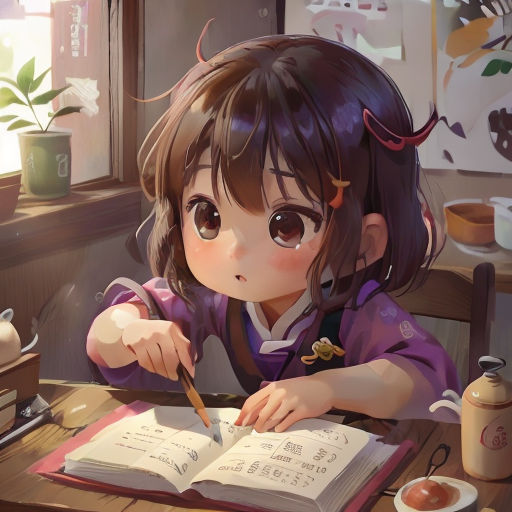 a girl sitting at a table with a book and a pen in her hand and a book in front of her