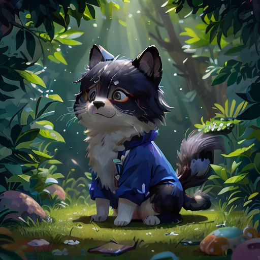 a cartoon dog sitting in the middle of a forest with a light shining on it's face and eyes
