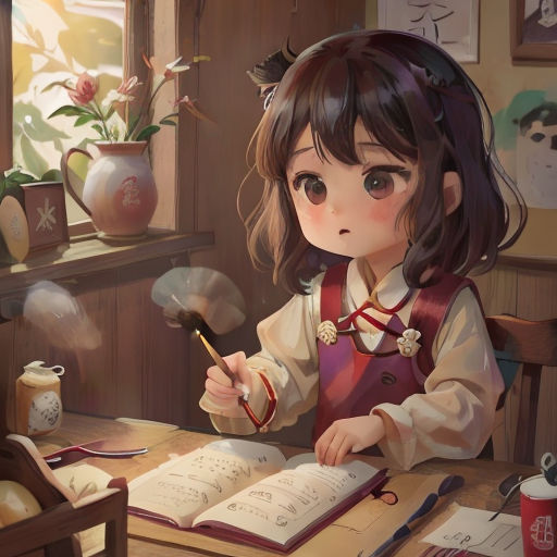 a little girl sitting at a table with an open book and a magnifying glass in her hand