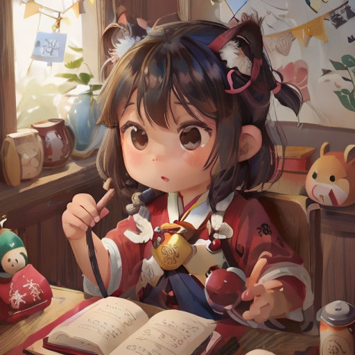 a girl sitting at a table with an open book and a teddy bear on the table next to her