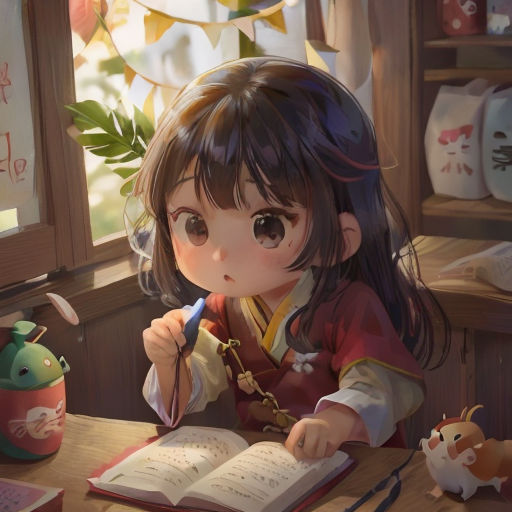 a little girl sitting at a table with an open book and a pen in her hand and a cat on the table