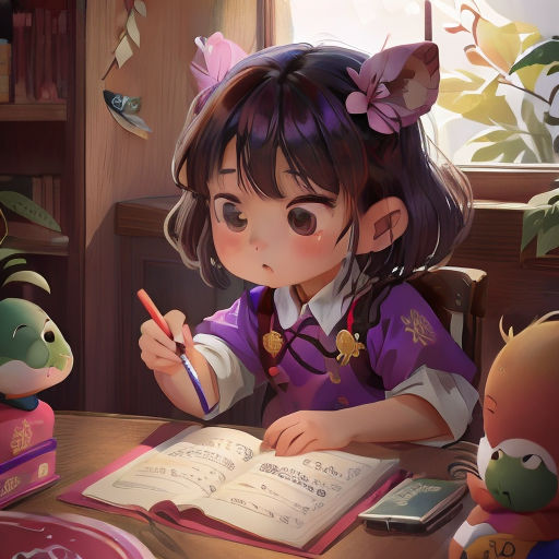 a little girl sitting at a table with a book and a pen in her hand and a teddy bear