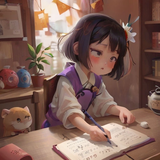 a girl sitting at a desk writing on a book with a cat nearby and a cat on the table
