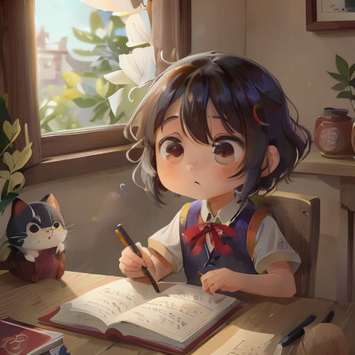 a girl sitting at a desk with a book and a pen in her hand and a cat sitting next to her