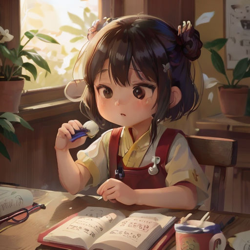 a girl sitting at a table with an open book and a pen in her hand and a book in her other hand